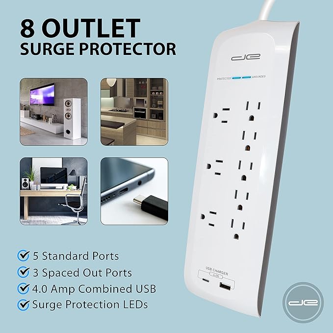Digital Energy 25 FT USB-C and USB-A 8 Outlet 4200 Joules Surge Protector Power Strip, 3 Wide Spaced Outlets, White