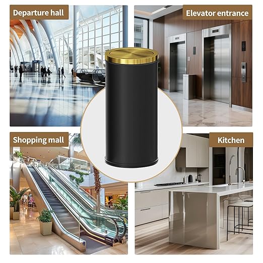 Brushed Gold Kitchen Trash Can with Swing Lid 7.8Gallon,Stainess Steel Commercial Garbage Can Wastebaskets for Shopping mall,Hotel Lobby,Airport, Alevator Using (Black with gold lid, 7.8 gallon)