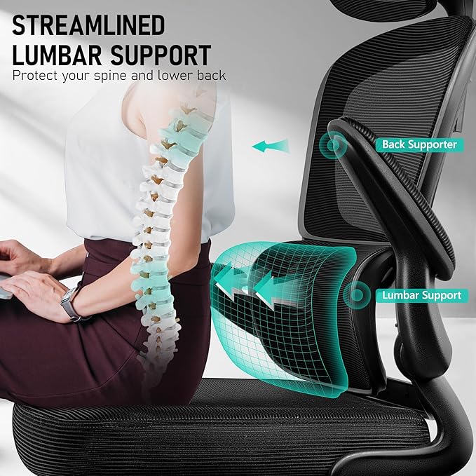 High Back Ergonomic Office Chair, Breathable Mesh Desk Chair with Lumbar Support, Adjustable Headrest, Flip-up Armrests, Computer Gaming Chair