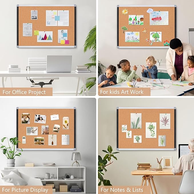 Board2by Large Cork Bulletin Board 36" x 48", Black/Sliver Aluminium Framed Corkboard, 4 x 3 Office Board for Wall Decor, Wall Mounted Notice Pin Board with 18 Push Pins for School, Home & Office