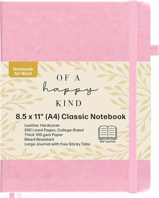 Classic Lined Journal Notebook 8.5x11" A4 Hardcover Leather - Pink - 200 Pages College Ruled Large with Sticky Tabs, Pockets, and Pen Loop for Writing and Journaling - Big Hardback Men and Women