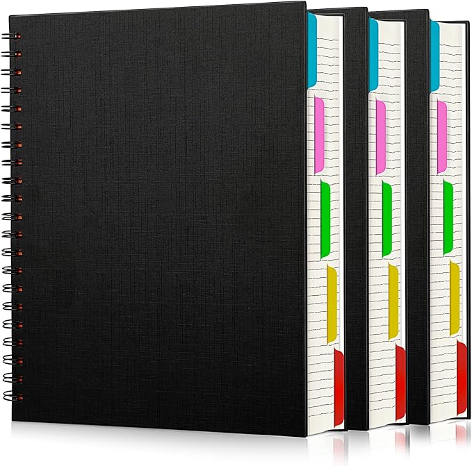 EUSOAR Notebook with Tabs, 3 Pack A4 Letter Size11 x 8-1/2", Black Hardcover Spiral 5 Subject Notebook, 120 Sheets/ 240 Pages, 100GSM College Ruled Paper, Journals for Work Office School Composition