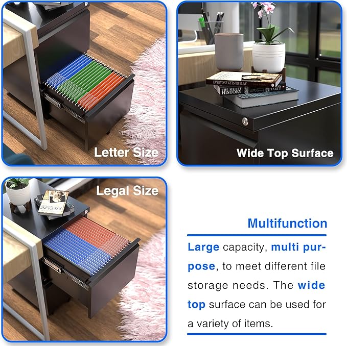Aobabo 2 Drawer File Cabinet, Lockable Metal Filing Cabinet with Wheels for Home Office, Legal/Letter Size, Fully Assembled Except Wheels, Black