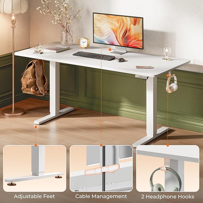 Huuger 63 x 28 Large Electric Standing Desk, Height Adjustable Computer Desk, 27.6" Deep Desktop, Stand up Gaming Office Table with 2 Hooks, 3 Preset Heights, for Home Office, White