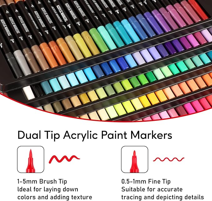 120 Colors Acrylic Paint Markers, Dual Tip Fine Tip and Brush Tip Pens Contain 24 Metallic Color for Stone, Wood, Calligraphy, Canvas, Ceramic, Metal, Glass, Rock Painting, DIY Crafts
