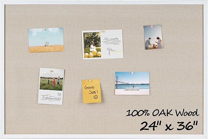 Fun Memories Cork Board Bulletin Board for Office, 24" x 36" Oak Wooden Framed Corkboard, Wall Mounted Notice Pin Board for School Home & Office, White