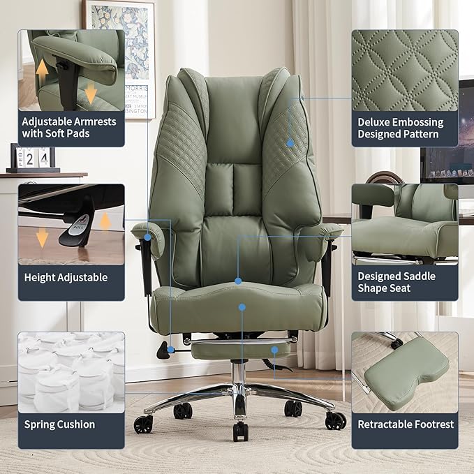 Big and Tall Office Chair 400lbs Wide Seat, Leather High Back Executive Office Chair with Foot Rest, Ergonomic Chairs Lumbar Support for Lower Back Pain Relief (Light Green)