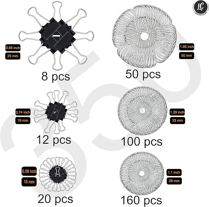 350 Pack Paper Clips and Binder Clips Set by Luxurecourt - Binders & Paperclips Assorted Sizes in Container with Compartments, Silver Paper Clips & Black Binder clips for Home, School, Office Supplies