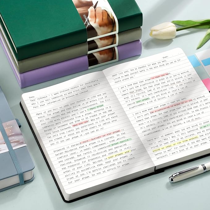 EMSHOI A5 College Ruled Notebook Journal- 400 Pages (200 sheets), 7mm Spacing & Vegan Leather Cover for Work, School, Bible Study, Bullet Journaling- with Sticky Notes, Pocket & Pen Holder- Dark Green