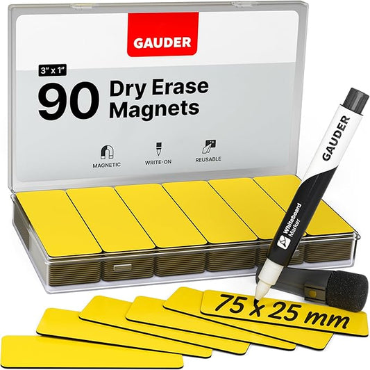 GAUDER Magnetic Dry Erase Labels | 90x Magnetic Labels (3 Inches x 1 Inch) | Dry Erase Magnets for Classroom, Whiteboard and Blackboard