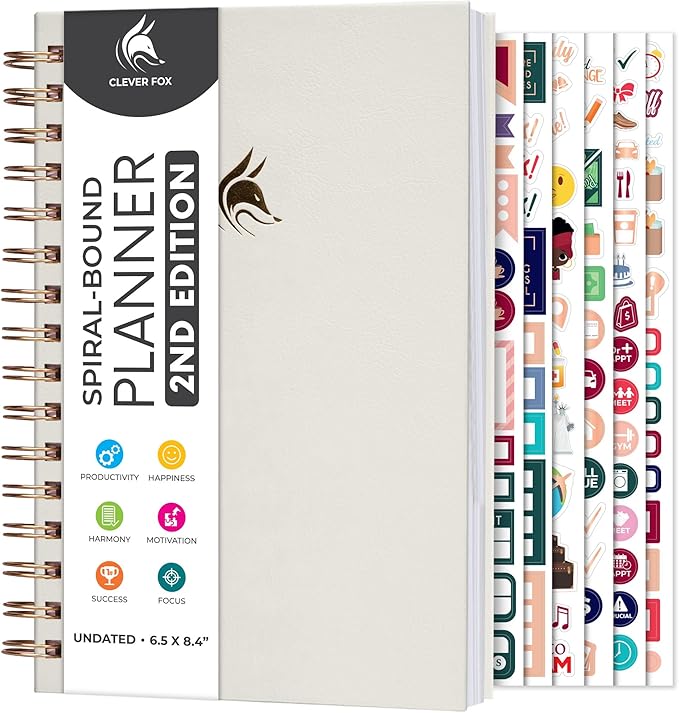 Clever Fox Planner 2nd Edition Spiral – Colorful Weekly & Monthly Goal Planner, Time Management & Productivity Organizer, Undated (White)