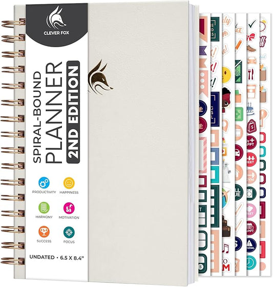 Clever Fox Planner 2nd Edition Spiral – Colorful Weekly & Monthly Goal Planner, Time Management & Productivity Organizer, Undated (White)