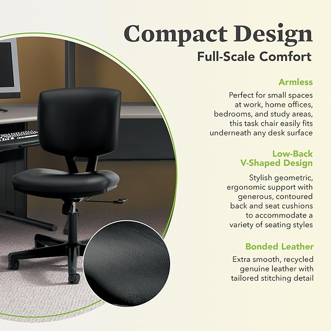 HON Volt Armless Chair, Ergonomic Adjustable Center-Tilt Recline, Leather Back and Seat, Swivel Desk Chair, Black