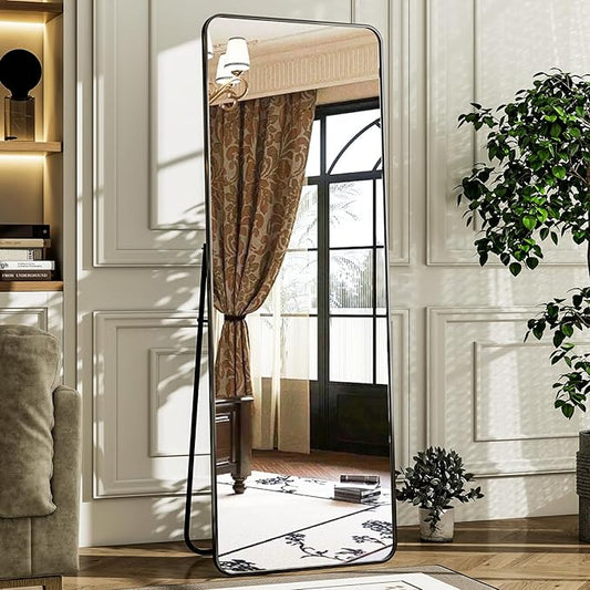 HARRITPURE 56" x 21" Rounded Full Length Mirror Aluminum Frame Black Mirror Full Length Floor Mirror with Stand for Living Room Bedroom Cloakroom
