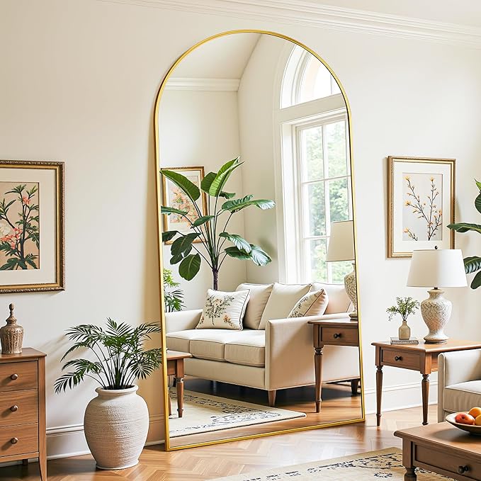 Full Length Mirror, 78"x38" Oversized Floor Mirror Freestanding, Full Body Mirror Floor Standing Mirrors with Stand, Hanging Mounted Mirrors for Bedroom Living Room, Gold, Arched Style