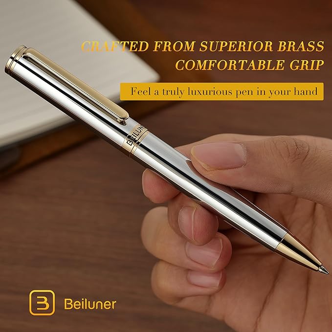 BEILUNER Silver Gold Gel Pen - Luxury Featuring sophisticated chrome finishes, with 24K Gold Accents, Best Pen Gift Set for Men & Women, Business Signature, Executive, Office Retractable Pens