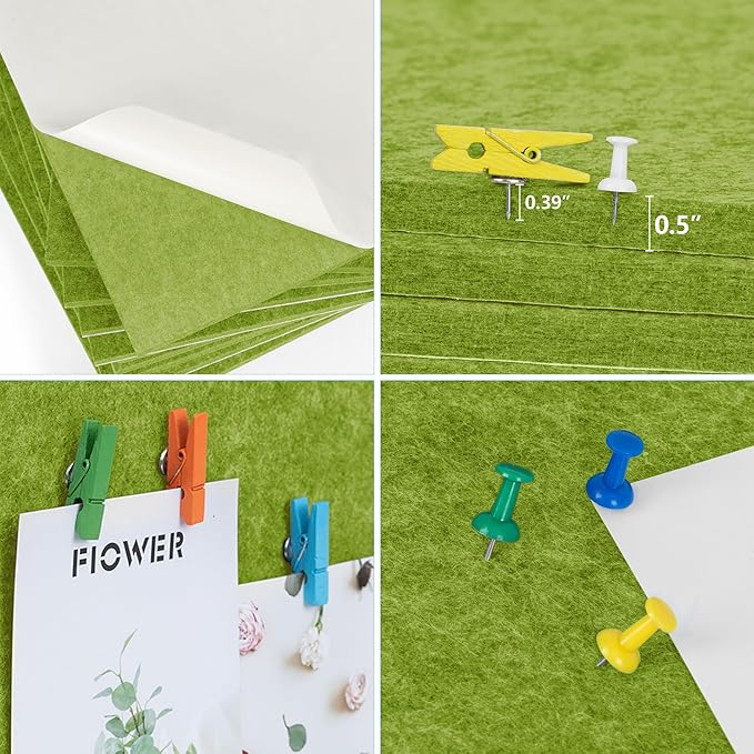 AKTOP Cork Bulletin Board 12x12, 1/2" Thick Felt Cork Board Tiles 12 Pack, Small Square Pin Board for Wall, Self Adhesive Corkboards with 120 Push Pin Wood Clips for School, Home & Office, Green