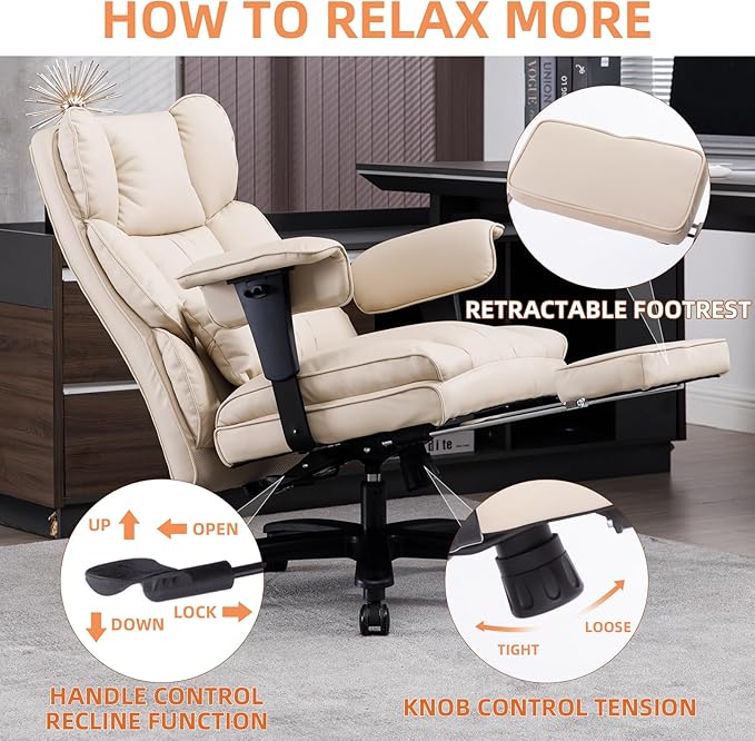 Big and Tall Office Chair 500lbs Wide Seat Executive Office Desk Chair High-Back Office Task Chair with Foot Rest, Ergonomic Lumbar Support Computer Office Chairs for Heavy People(Beige)
