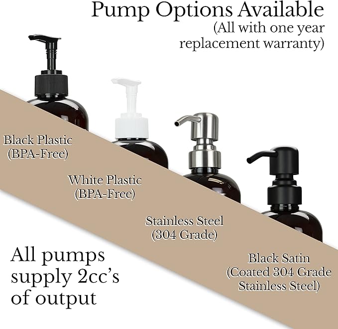 Amber PET Plastic Refillable Hand Sanitizer Pump Bottle Dispenser with Black Plastic Pump, 16 oz with Waterproof Label, Empty Reusable Container for Home, Kitchen, Bathroom, Office, Business