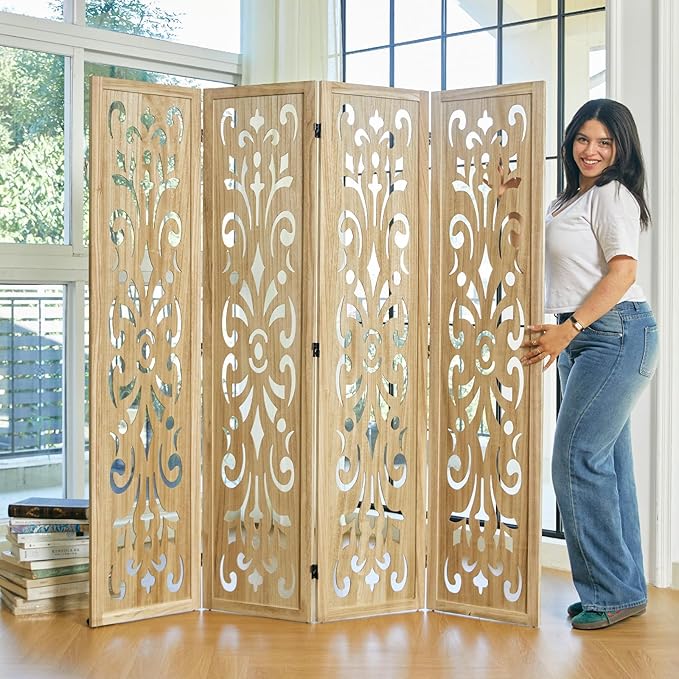 5.6Ft Room Divider Folding Wood Classical Carved Partition Screen for Home Office Garden - 4 Panels (Natural)