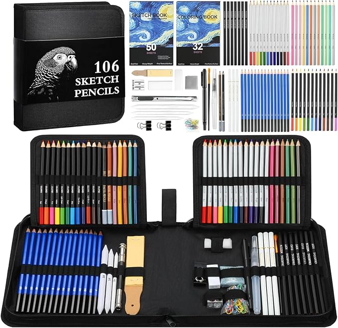 Cool Bank 106 Pack Art Supplies Sketching Kit with 3-Color Sketch Book, Coloring Book, Drawing Pencils with Graphite Colored Charcoal Watercolor & Metallic Pencils, Art Kit Gifts for Artist Adults Kid