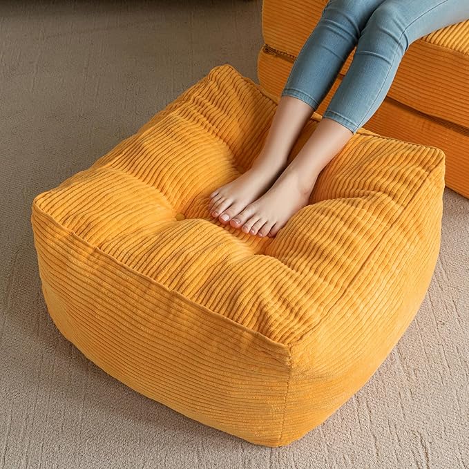 HIGOGOGO Square Stuffed Pouf Ottoman, Corduroy Poufs with Foam Chunk Filling, Furry and Fluffy Pouf Foot Stool Storage Ottoman, 25.6 X 25.6 Floor Poufs Foot Rest for Living Room, Orange