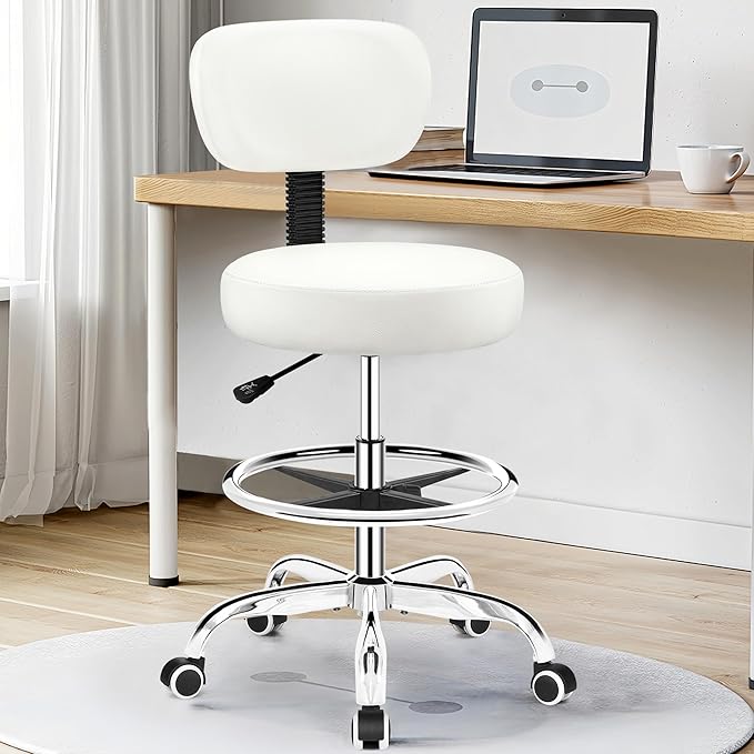 Drafting Chair with Backrest – Adjustable Foot Rest Rolling Stool with Wheels, PU Leather Swivel Stool for Office Spa Studio Lab Counter Salon Home Work Bar Kitchen Shop(White)
