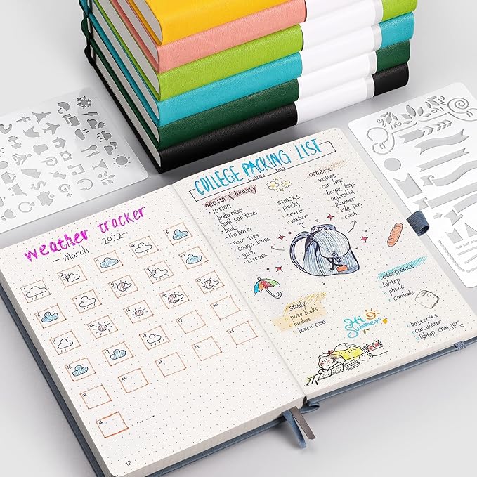 AHGXG Bullet Dotted Journal - 320 Numbered Pages Dot Grid Notebook A5 Thick Journal, 100gsm Thick Dotted Paper, Leather Hardcover,Inner Pocket, 5.75'' × 8.38'' - Cyan