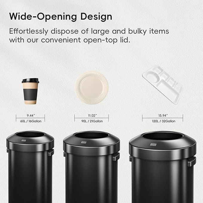 EKO 16-Gallon Round Black Stainless Steel Open Top Trash Can, Large Commercial Waste Bin with Detachable Lid and Carrying Handle, Brushed Metal Garbage Bin for Home, Office, Restaurant, Restroom