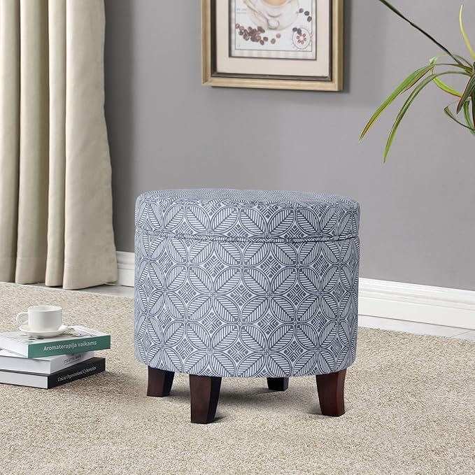 HomePop Upholstered Round Storage Ottoman|Homepop Home Décor|Upholstered Round Foot Rest Ottoman -Blue Indigo Print
