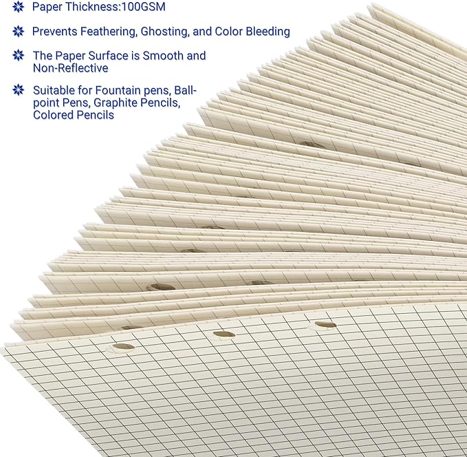 A6 Grid-Ruled Refill Paper, 100gsm Thick Beige No-Bleed Sheets (80-Pack), Pre-Punched – Fits A6 6-Ring Binders for Office, School & Teachers