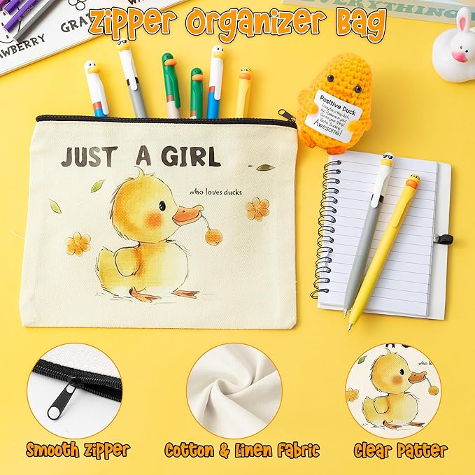 Ducks Gel Ink Pens - 10Pcs Happy Knitted Duck Stress Relief Stationery Set Little Yellow Duck Accessories Lovely Retractable Gel Pens Zipper Organizer Pen Pouch Kids' Birthday Party Favor Gift