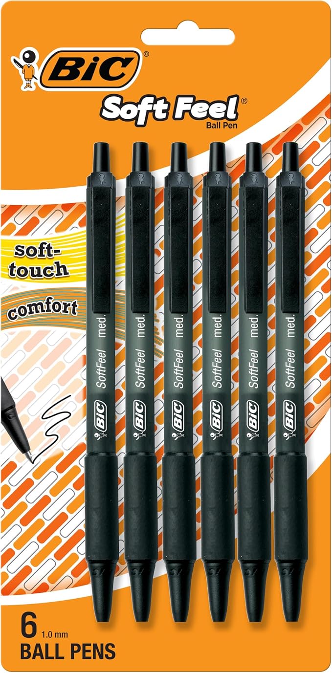 BIC Soft Feel Ballpoint Pen with 1.0 mm Medium Point and Retractable Design, 6-Count in Black Ink