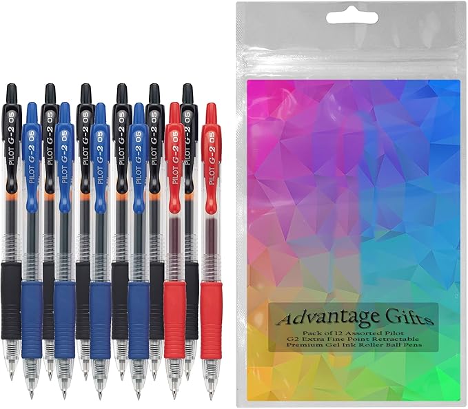 G2 Retractable Premium Gel Ink Roller Ball Pens Extra Fine Point (.5mm) Black/Blue/Red Ink 12 pack; Refillable & Premium Comfort Grip Bundle with Plastic Reusable Pouch