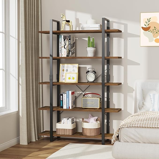 FRAPOW 5 Tier Bookshelf, 70 inch Tall Solid Bookcase Industrial Wooden Bookshelves Large Wall Etagere Rustic Vintage Book Shelf with Metal Frame Open Storage Rack for Living Room Home Office