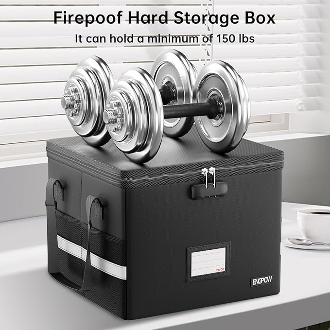 ENGPOW 5200°F Fireproof Document Box with Lock, Heat Insulated Collapsible File Storage Organizer with Handle, Portable Home Office File Cabinet for Hanging Letter/Legal Size Folder, Black