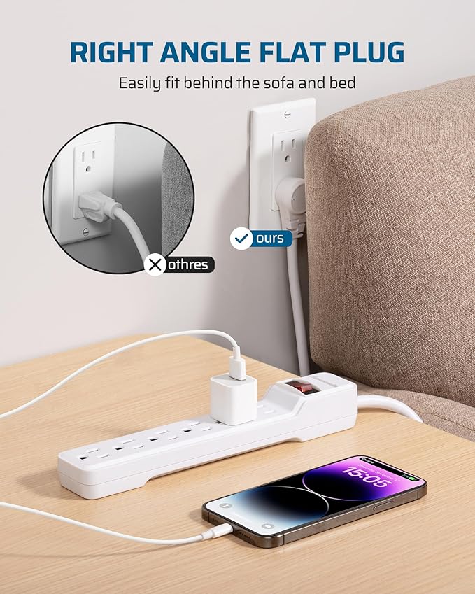 DEWENWILS 6-Outlet Power Strip Surge Protector, 15FT Long Extension Cord, Low Profile Flat Plug, 15 Amp Circuit Breaker, 500 Joules, Wall Mount, White, UL Listed