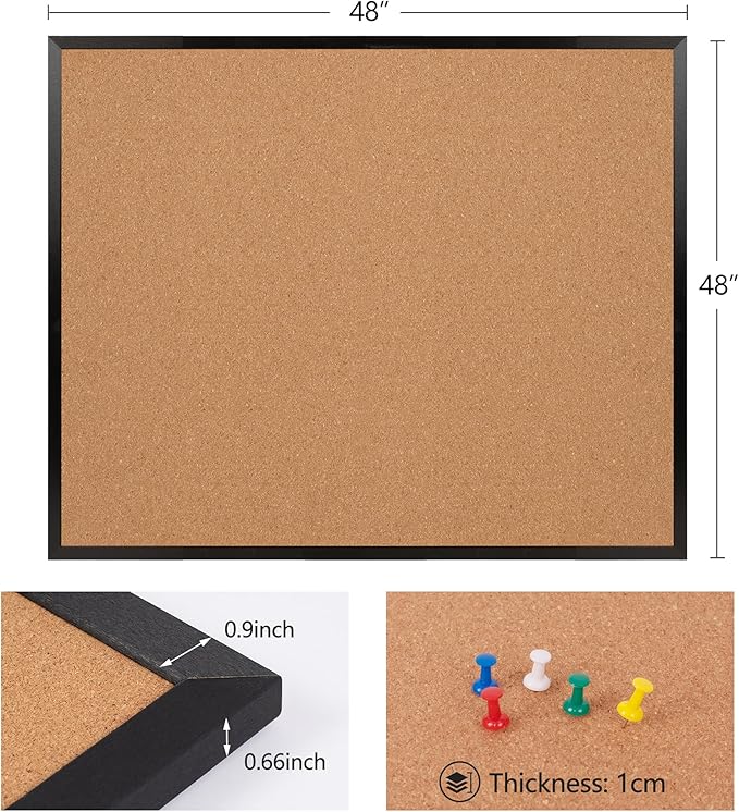 Board2by Extra Large Cork Bulletin Board 48" X 48", Black Wood Framed 4'x4' Corkboard for Wall, Wall Mounted Notice Pin Board with 18 Push Pins for School, Home & Office