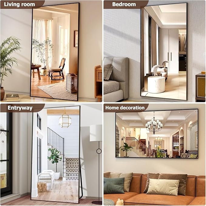 Full Length Mirror with Stand - 38"x77" Full Body Mirror for Floor, Wall Hanging or Leaning - Aluminum Alloy Frame for Living Room, Bedroom, Cloakroom - Black