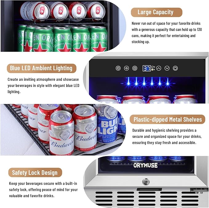 15 Inch Beverage Refrigerator, 130 Can Capacity Under Counter Fridge with Lock & Glass Door, Quiet Built-in or Freestanding Beer Cooler, Powerful Compressor for Fast Cooling
