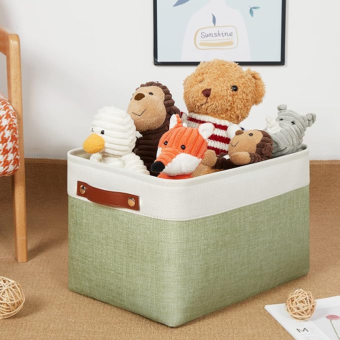 DULLEMELO Fabric Storage Bins for Laundry, Home, Foldable Storage Baskets for Shelves, Toys, Collapsible Storage Bins for Office,Bedroom(3-Pack Medium-15 inch X 11 inch X 9.5 inch , White&Green)