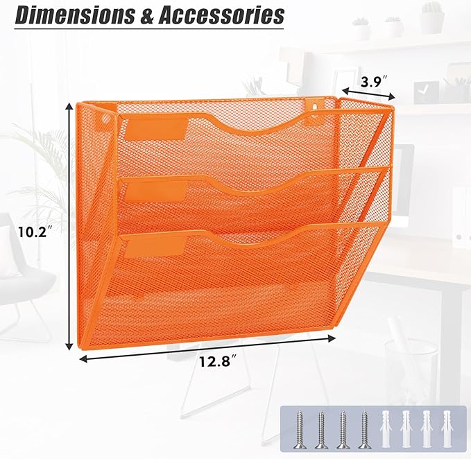 EASEPRES 3 Pocket Mesh Hanging Wall File Organizer, Wall Mounted Mail Paper Document Folder Holder, Clipboard Storage Organization Magazine Rack with Nametag Label for Office Home School, Orange