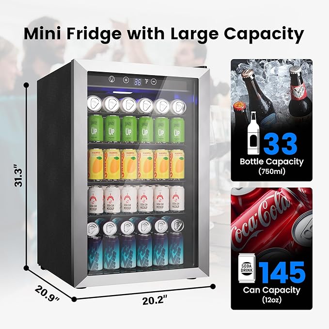 145 Can Beverage Refrigerator Cooler - 4.5 Cu.Ft Mini Fridge Glass Door, Soda Wine Beer Drink Fridge, Small Refrigerator for Bedroom Office Home Bar Dorm, Digital Temperature Control, Silver