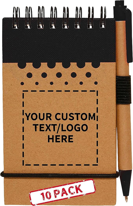 DISCOUNT PROMOS 10 Recyclable Spiral Small Notebooks Pack - Customizable Text, Logo - 60 Lined Pages - Black