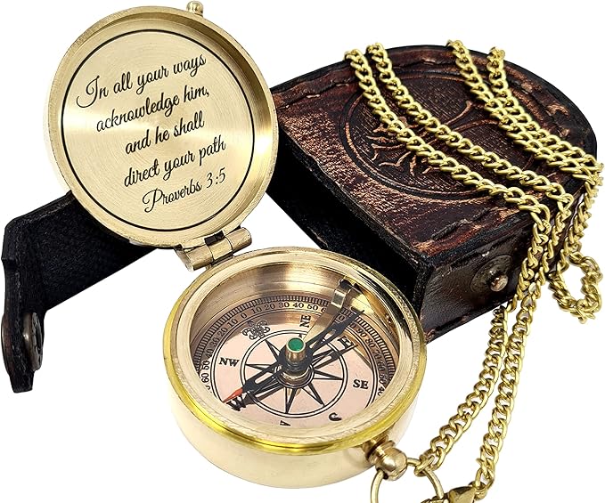 Brass Compass Engraved with Religious Scripture Verse - Ideal Gift for Son, Grandson, Daughter - Perfect for Baptism, Communion, Church and Graduation Day Present