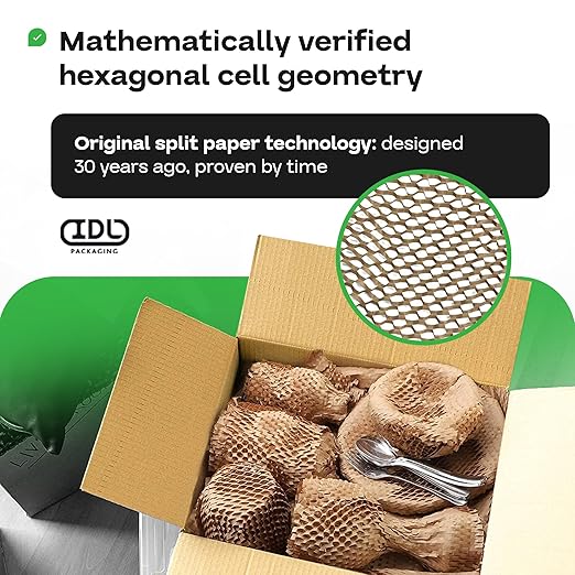 IDL Packaging Original HexcelWrap Honeycomb Packing Kraft Paper 15.25" x 1400' Roll in Self-Dispensed Box, White - The First Patented Interlocking Slit Paper Design for Shipping