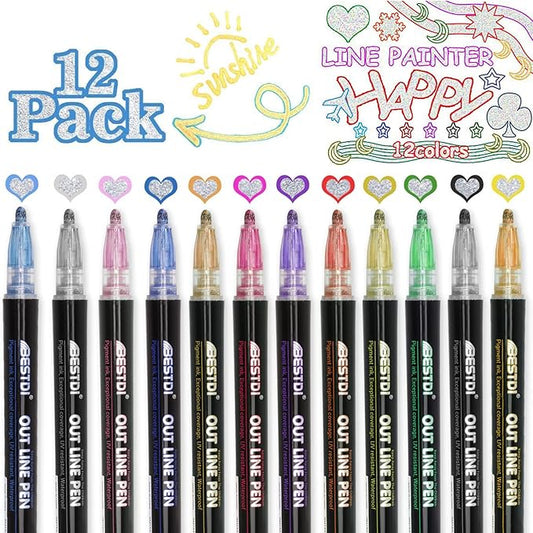 Double Line Outline Metallic Markers,Super Squiggles Shimmer Markers Pen,12 Colors Self-Outline Metallic Markers Glitter Writing Drawing Pens for Christmas Card Writing,Posters,DIY Art Crafts