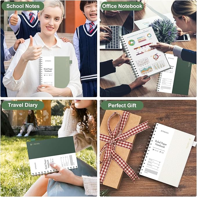 EMSHOI Lined Journal A4 Spiral Notebook, College Ruled Notebook, 300 Pages/150 Sheets, 100gsm Acid-Free Paper, Waterproof Softcover Notebook for School, Work, Writing, 8.27" × 11.2" - Dark Green
