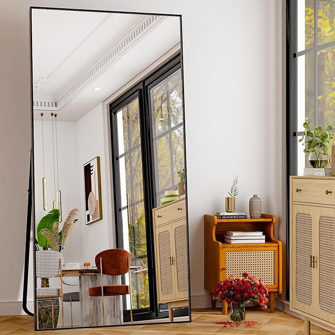 GLSLAND 76"x34" Full Length Mirror Extra Large Hanging or Leaning Rectangle Mirror Aluminum Alloy Thin Frame Bedroom Floor Dressing,Black