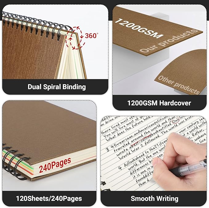 EUSOAR 5 Subject Spiral Notebook, 1pcs A4 11" x8-1/2 College Ruled Writing Pad, 100GSM 120Sheets/ 240Pages of Lined Paper, Thick Hardcover, for Traveling Students, Office and Business, Kraft